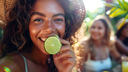 With a smile, she takes a bite of the sour lime, feeling happy as the juice drips down her chin. Her surfer hair flutters in the breeze, while the grass tickles her bare feet AIG50の素材