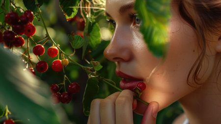 A woman enjoying the taste of ripe red raspberries while picking them in a lush green garden. Close-up of a woman savoring the fresh taste of ripe berries, amidst a verdant backdrop. AIG50の素材