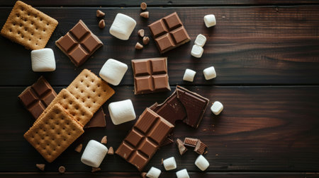 A wooden table featuring a tempting display of food ingredients like chocolate, marshmallows, and crackers, perfect for making delicious indoor smores AIG50の素材