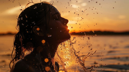 A woman is hydrating with water from the ocean at sunset, surrounded by a stunning landscape with trees and plants against a fiery sky AIG50の素材