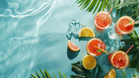 Aqua art transforms a swimming pool into a vibrant oasis filled with floating fruits and leaves, creating a mesmerizing display of color and nature AIG50の素材