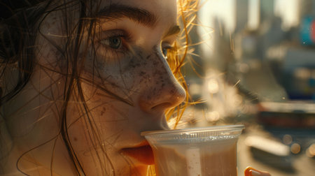 A woman with a joyful smile is enjoying a drink by the water, overlooking the city skyline with tall skyscrapers and fluffy clouds in the sky. It seems like she is on a happy travel adventure AIG50の素材