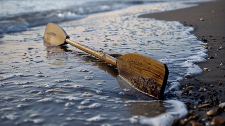 A wooden paddle rests on the sandy beach by the waters edge, surrounded by natural materials like rocks. Perhaps left behind by a kayaker exploring the lake AIG50の素材