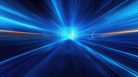 Abstract background with intense blue light streaks radiating from a central point with black background. The swirling light curves inwards towards the center, creating a tunnel-like effect. AIG35.の素材