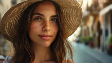A close up of a happy blond woman wearing a stylish sun hat as a fashion accessory at a fun event. She is sporting a fedora or cowboy hat for a chic look AIG50の素材