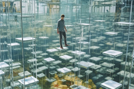 Smart man exploring a surreal museum of floating white frames. Art installation and optical illusion concept. Attractive people walking up white floating staircase surrounded with square box. AIG35.の素材