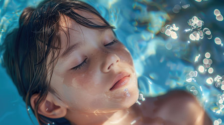 The boy and girl are sharing a kiss in the swimming pool, their hair wet from the water. With smiles on their faces and eyelashes touching, they are happy and enjoying a leisurely moment of fun AIG50の素材