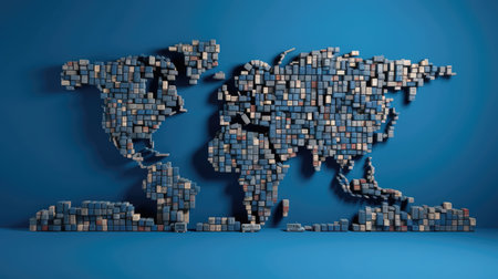 World map constructed from colorful shipping containers. The containers are arranged on a flat, blue background to depict the continents and oceans of Earth. World map made from container. AIG35.の素材