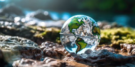 The transparent globe is resting on a pile of rough wet rocks, with smooth and round glass globe. A glass globe on a beach with blurring background. The globe is clear and has a colorful map. AIG35.の素材