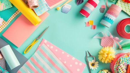 A table decorated with paper flowers, craft supplies, and colorful textiles in shades of green, azure, orange, yellow, and aqua. The vibrant electric blue patterns add an artistic touch AIG50の素材