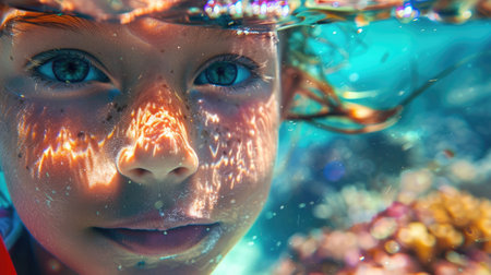 A young girl with diving equipment and a mask is exploring the underwater environment, swimming in the ocean to observe marine organisms and practice underwater diving AIG50の素材