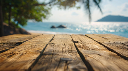 The close up picture of the empty table that has been made from the wood material and placed inside the beach, the seashore is the place for relaxation of traveling and for coastal protection. AIGX02.の素材