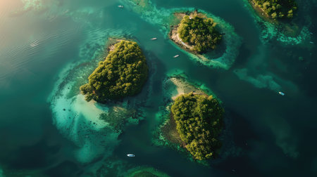 A breathtaking aerial view of a cluster of small islands surrounded by crystal clear water in the center of a serene lake, showcasing the beauty of natural landscape and marine biology AIG50の素材