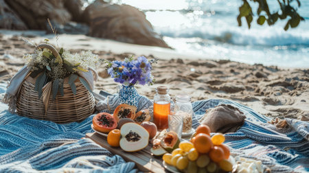 A beach picnic set up with a colorful fruit basket and cozy blanket overlooking the serene body of water, surrounded by nature and stunning landscape AIG50の素材