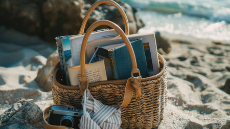 A waterresistant wicker basket packed with a hat, camera, and books rests on the sandy beach, blending wood, fashion accessories, and art into the coastal landscape AIG50の素材