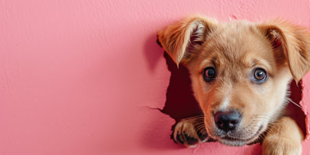 Close up view picture of the hollow pink hole on the the wall that show the dog stay inside the wall that has been made from some material yet still can break to look through the other side. AIGX03.の素材