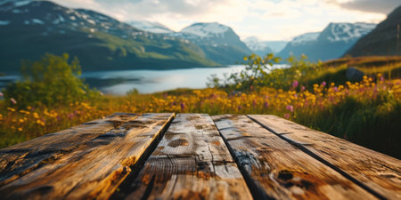 The close up picture of the empty table that has been made from the wood material and placed inside the forest near lake and mountain, forest is a large and densely wooded area with ecosystem. AIGX02.の素材
