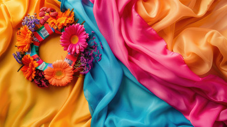 A vibrant display of colorful textiles and flowers in shades of orange, pink, and magenta on a sunny yellow background. This artful arrangement exudes a happy and joyful vibe, perfect for any eventの素材