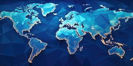 Polygonal world map on a dark background. The various bright world map made from polygon material. Geometric and digital data concept. Design for modern graphics, infographic, web background. AIG35.の素材