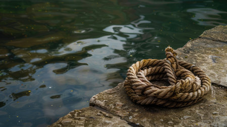 A rope is tethered to a rock by the fluid landscape of water, swaying with each wind wave. The electric blue waves create a mesmerizing art event AIG50の素材
