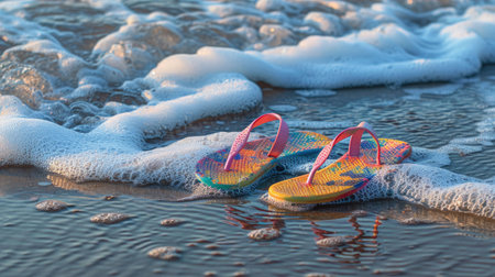 A pair of flip flops rests on the sandy beach, with waves crashing nearby. The tranquil scene is a perfect blend of water, wind, and natural landscape AIG50の素材