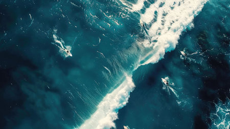 A group of surfers are gliding on an azure wave in the electric blue ocean, surrounded by liquid beauty of the natural landscape AIG50の素材