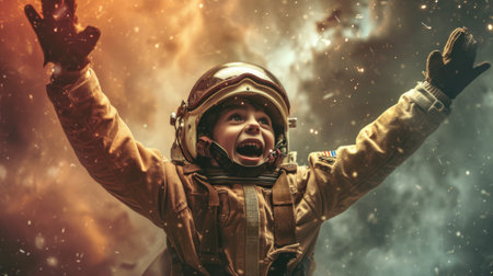 The side view of the picture that has the child flying into the bright sky with the aviator costume and the pair of goggles under the bright light of the bright sun with the happy smile face. AIGX03.の素材