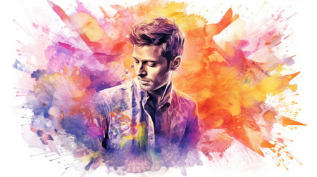 Man profile with vibrant watercolor splash background. Creative and artistic portrait of man standing with colorful smoke explosion. Imagination and human expression concept for design and art. AIG35.の素材
