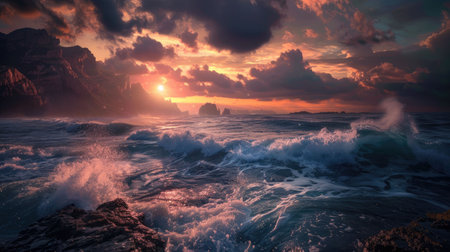 A picturesque painting capturing the sunset over the ocean, with vibrant colors reflecting on the water and a beautiful sky filled with cumulus clouds AIG50の素材