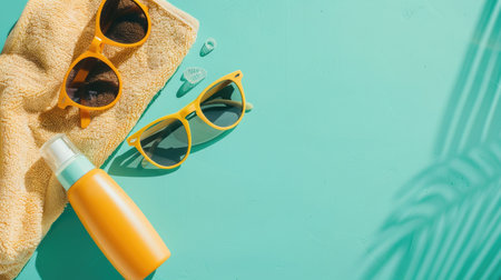A plastic bottle of sunscreen, stylish sunglasses, a soft towel, and colorful seashells placed on an electric blue surface resembling a swimming pool AIG50の素材