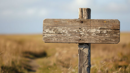 A wooden sign with a cross symbol and religious font, pointing right in a field under a sky. It blends art with natural landscape, resembling a twig in a cemetery AIG50の素材