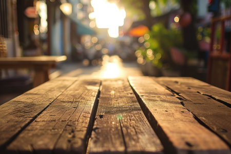 The close up picture of the empty table that has been made from the wood material and placed inside the restaurant, the restaurant is business where prepared meals and services to customers. AIGX02.の素材
