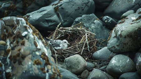 A seabird with a sharp beak, part of the Charadriiformes order, is perched on a rock nest made of natural materials on the bedrock soil landscape AIG50の素材