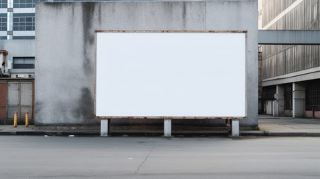 Urban billboard mockup mounted on a concrete wall in a city environment. A large, blank billboard in the middle of a city square. The billboard has a black metal frame. Advertisement concept. AIG35.の素材