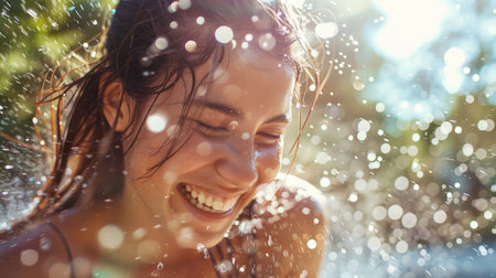 The woman is happily splashing water on her face with a smile, enjoying a fun leisure activity during a travel event AIG50の素材
