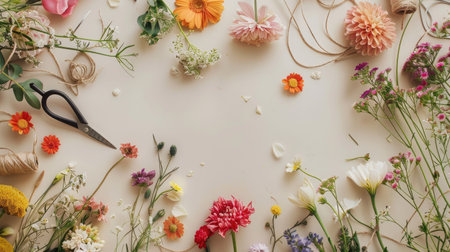 The table is adorned with a variety of flowers, each unique in color and shape. The vibrant petals create a beautiful display, adding a touch of natures beauty to the room AIG50の素材