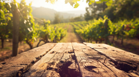 The close up picture of the empty table that has been made from the wooden material and placed inside the vineyard, the winery is place for making the wine from the fruit that called grapes. AIGX02.の素材