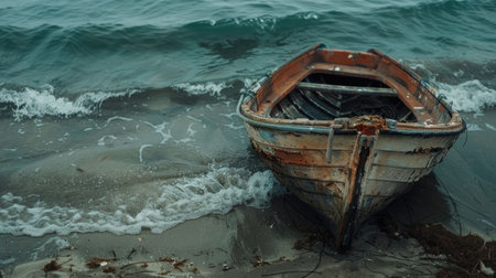 A watercraft is resting on the sandy beach amidst the vast ocean waters. The sky is filled with fluffy clouds and the wind waves gently AIG50の素材