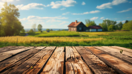 The close up picture of the empty table that has been made from wood material and placed inside green grass field under the bright light from the sun and clear blue sky of summer or spring. AIGX02.の素材
