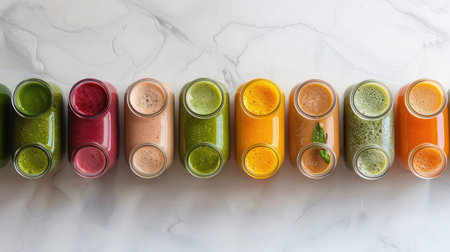 A row of glass jars filled with different colored liquids, such as magenta, on a table, featuring a stylish fashion accessory with plant petal motifs AIG50の素材