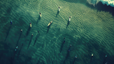 A group of surfers are riding wind waves on the electric blue water, enjoying a recreational event in the ocean. The marine biology and patterns underwater add to the beauty of the scene AIG50の素材
