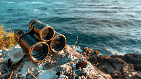 A pair of binoculars rests on a sturdy rock overlooking the ocean, where wind waves crash against the rocky shores and liquid water meets solid bedrock AIG50の素材
