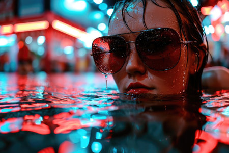 The front close up view of the female human that has wearing the sunglasses under the rainy day and got wet by the droplet from the rain and neon light bright city has been flooded by a rain. AIGX03.の素材
