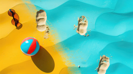 A beach ball and sunglasses are lying on the sandy shore, creating a colorful contrast against the landscape. Its a pictureperfect scene for leisure and recreation AIG50の素材