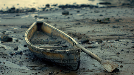 A wooden paddle rests on the sandy beach by the waters edge, surrounded by natural materials like rocks. Perhaps left behind by a kayaker exploring the lake AIG50の素材