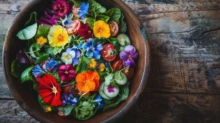A plantbased recipe using natural foods like vegetables and edible flowers, beautifully presented on tableware. Includes ingredients like roses, fruits, and fresh vegetables AIG50の素材