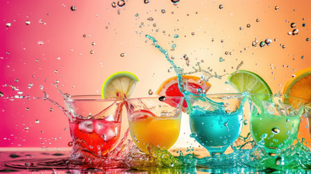 A colorful array of liquid paints splashes into the water, creating a beautiful painting resembling a natural landscape with petals, fruit, and drinkware AIG50の素材