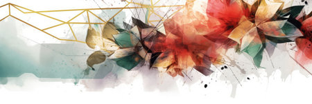 Abstract geometric watercolor banner with dynamic shapes and splatters. Red flower and leaves line arrangement or composition with white background. Modern art concept for creative design. AIG35.の素材