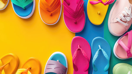There is a variety of shoes and sandals displayed on a colorful background, including walking shoes, outdoor shoes, and electric blue and orange sandals. The vibrant display is like a work of artの素材