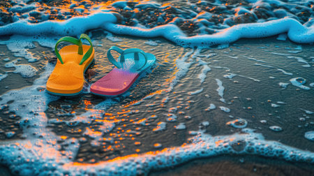 A pair of flip flops rests on the sandy beach, with waves crashing nearby. The tranquil scene is a perfect blend of water, wind, and natural landscape AIG50の素材